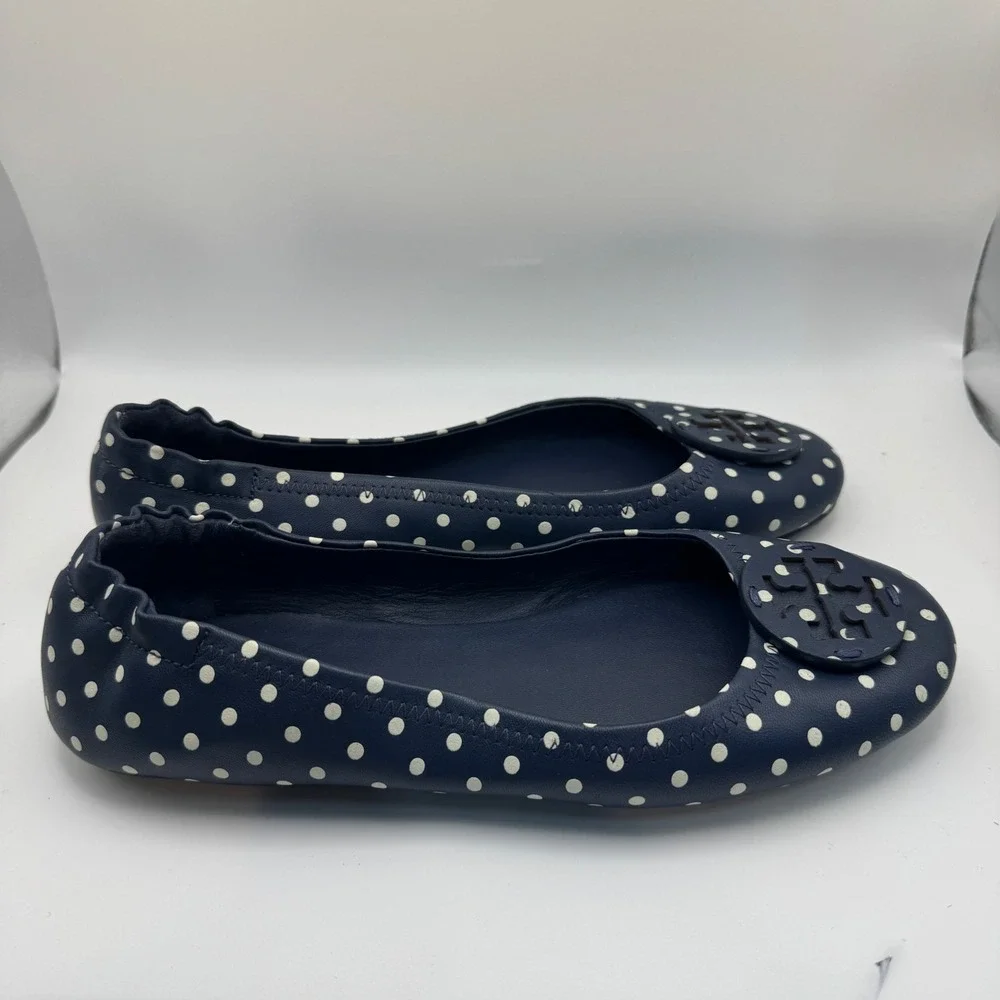 Tory Burch Minnie Travel Ballet Flats Navy Blue Polka Dot Leather Logo 8M 64985